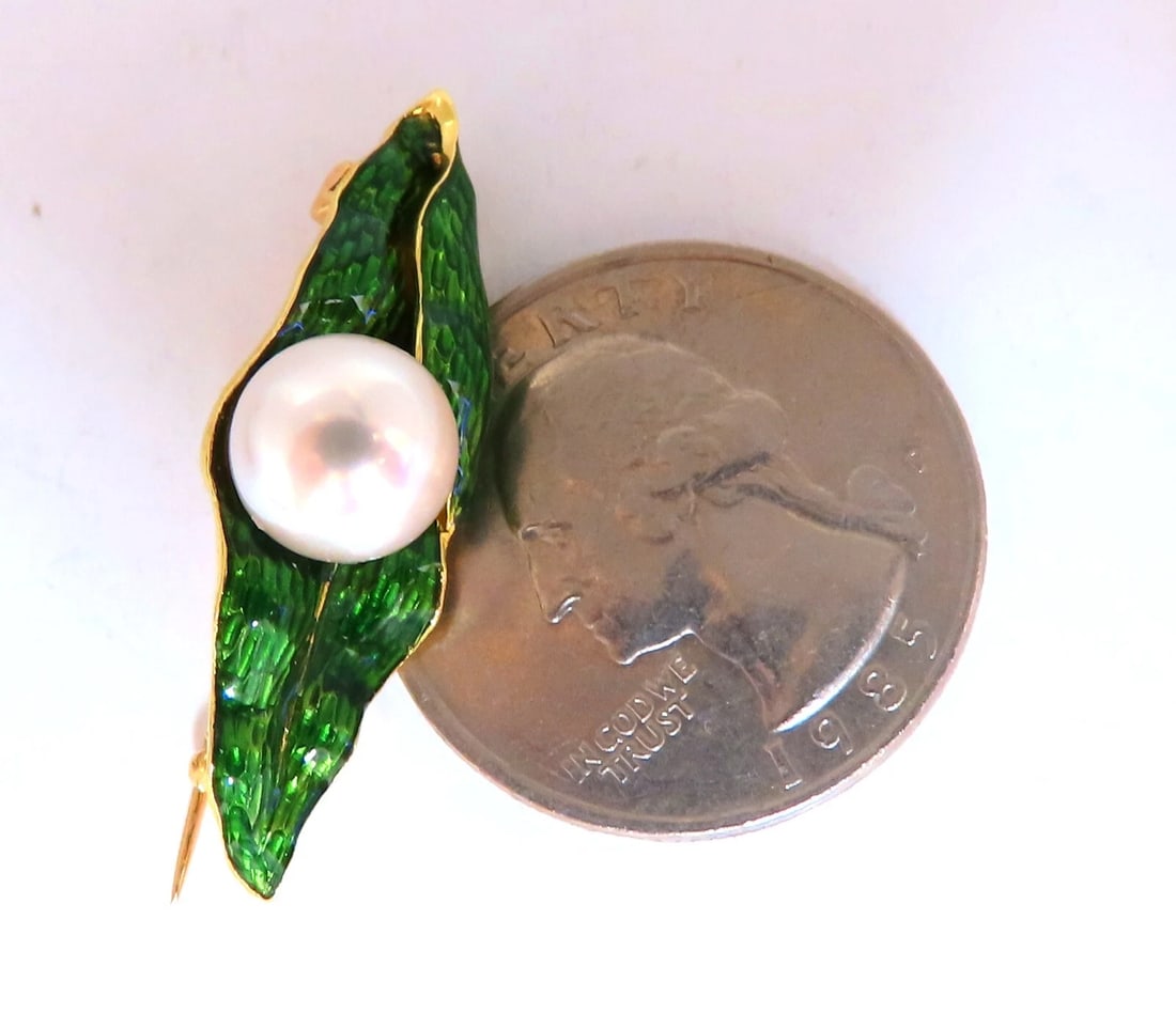 18kt Gold Enamel Leaf Pearl Pin** - 5