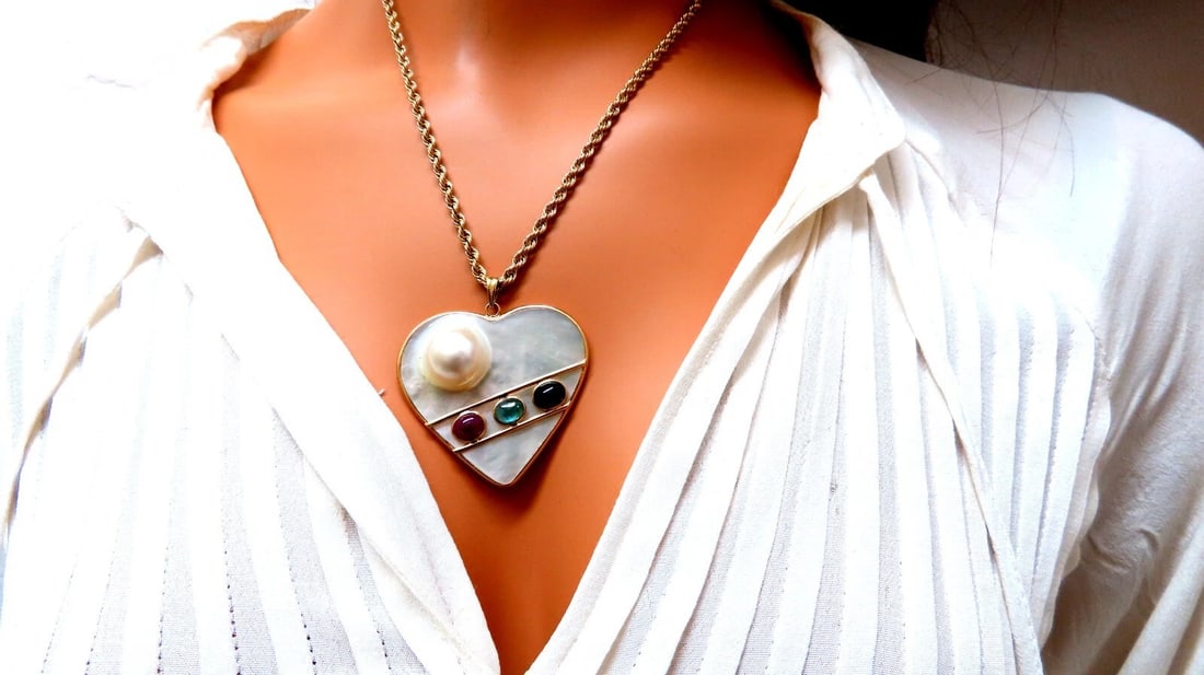 Mabe Blister Pearl Heart Shaped Necklace Rope Chain 14kt Emerald Ruby Sapphire** - 8