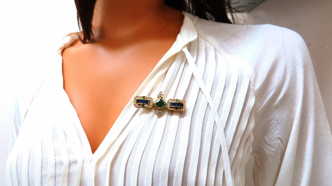 Vintage Rare Handmade Emerald Sapphire Diamond Pin 18kt** - 6