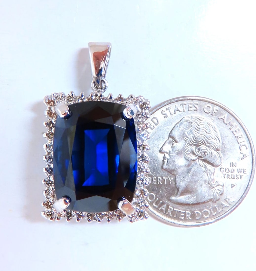 23.40ct Lab Cushion Blue Sapphire Diamonds pendant 14kt ** - 4