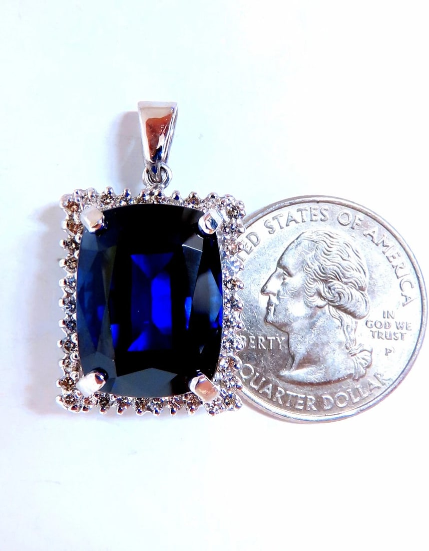 23.40ct Lab Cushion Blue Sapphire Diamonds pendant 14kt ** - 5