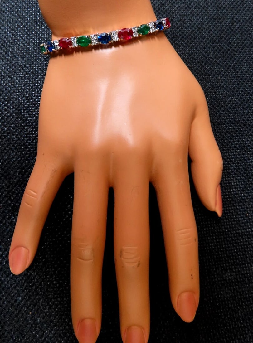 18.28ct natural ruby emerald sapphires diamond tennis bracelet 14kt gem line** - 7