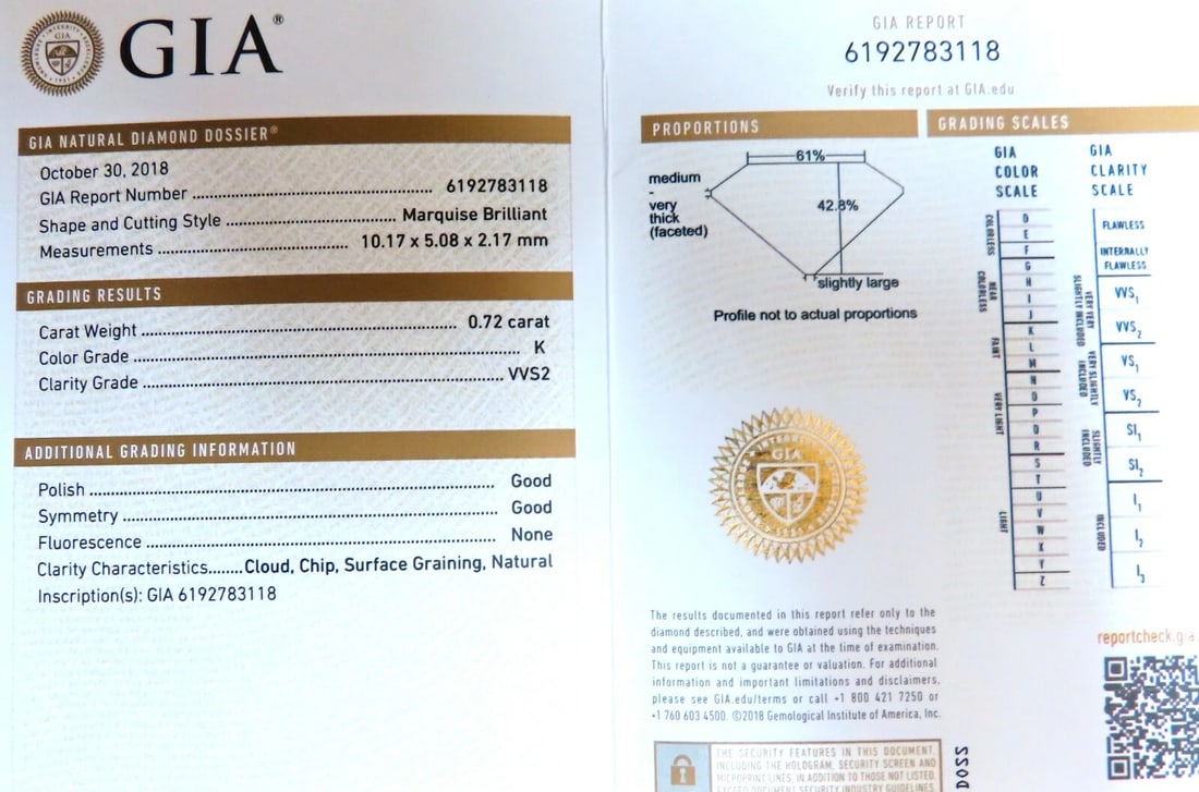 GIA Certified .72ct Natural Marquise Diamond 14kt** - 11