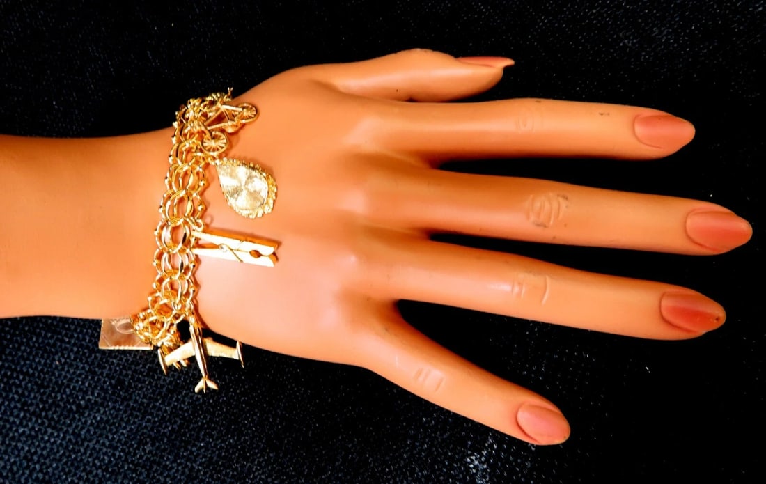 Nine Charms Link Bracelet 14kt gold 7 inch 54gm** - 12