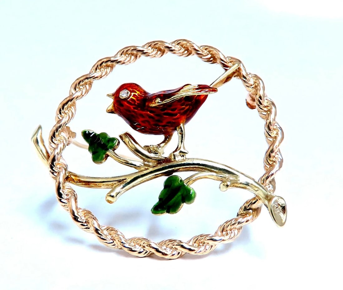 Enamel Chirping Bird Brooch Pin 14kt**: Title: Enamel Chirping Bird Brooch Pin 14kt** Description: Chirping Bird Statement Pin 16 x 12mm 14kt yellow gold 9.8 grams. Overall: 1.8 inch Diameter Excellent made Gorgeous Enamel Details All