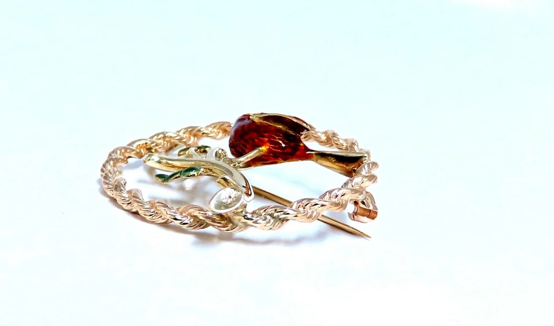 Enamel Chirping Bird Brooch Pin 14kt** - 4