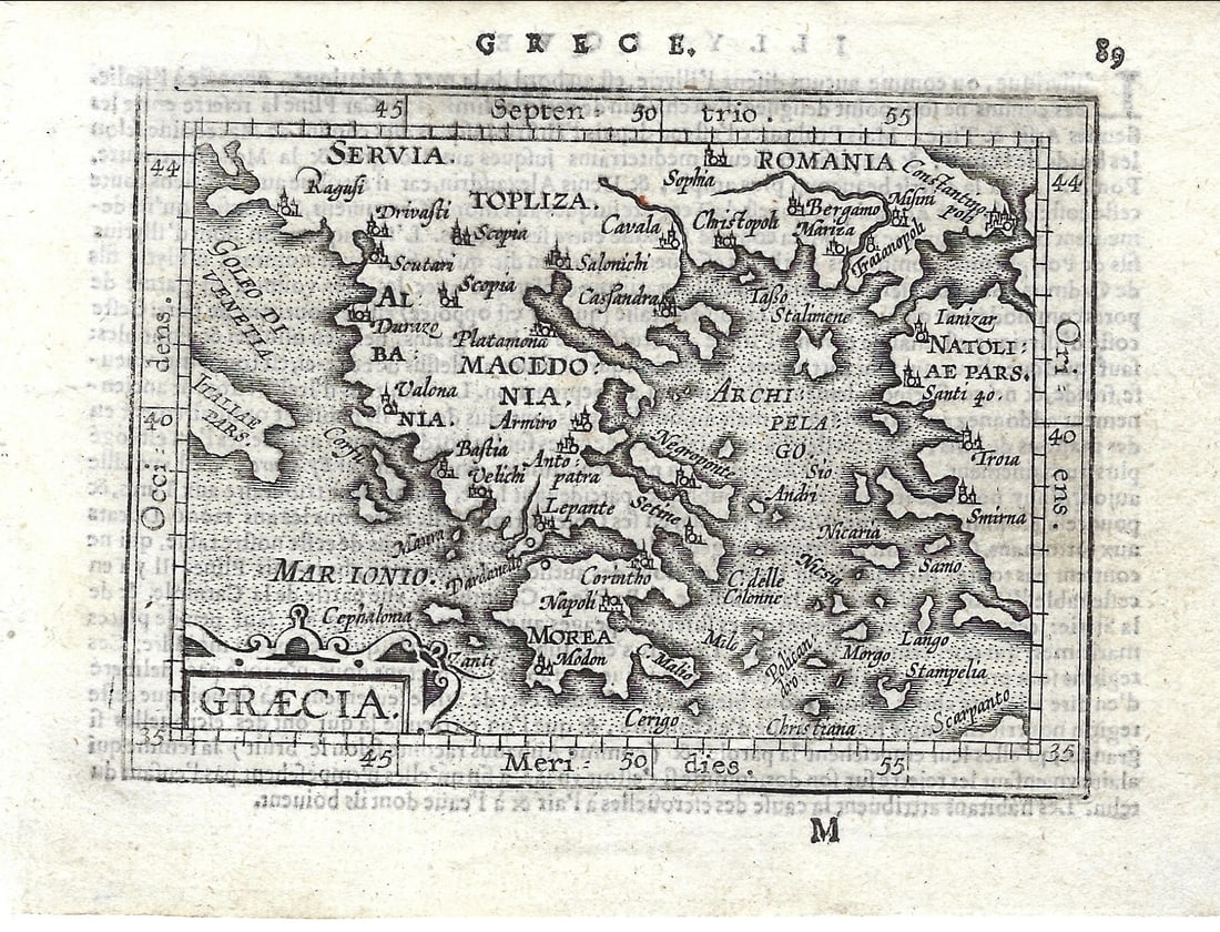 1602 Ortelius Map of Greece -- Graecia: Title:1602 Ortelius Map of Greece -- Graecia,li>Cartographer:A Ortelius Year/Place:1602, Antwerp Map Dimension(in.):3.3 X 4.6 in. Description:This is an attractive smaller map is of Greece. The map is