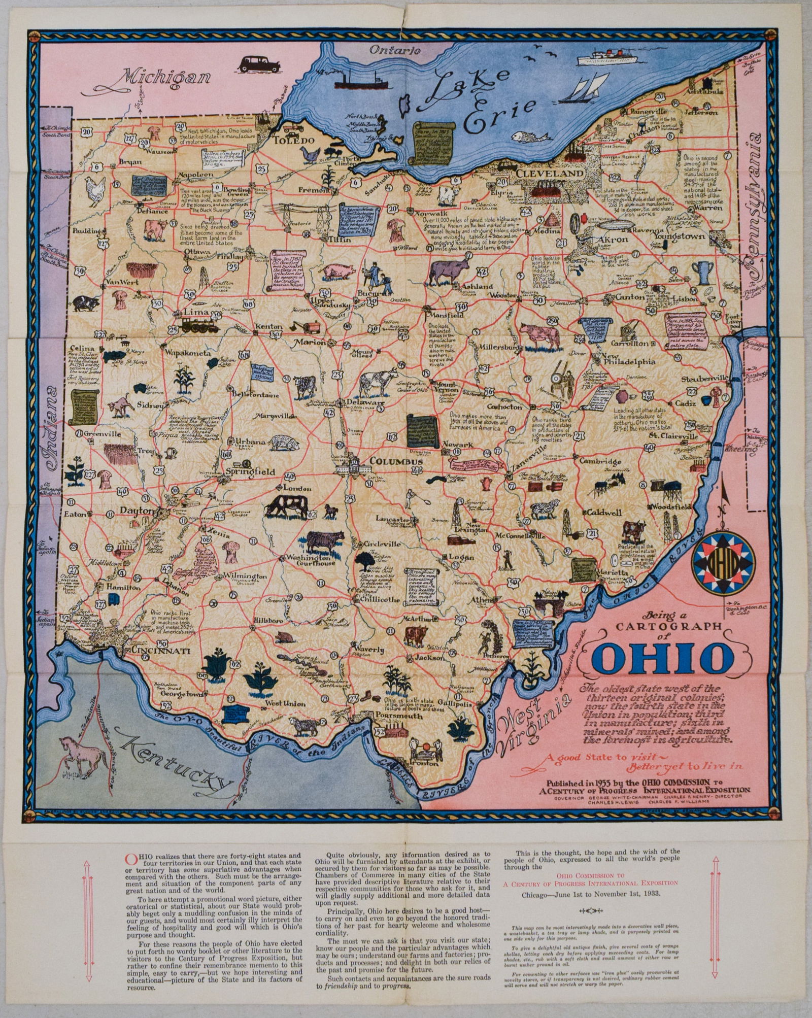 1933 Pictorial Map of Ohio -- Being a Cartograph of Ohio…: Title:1933 Pictorial Map of Ohio -- Being a Cartograph of Ohio…,li>Cartographer:Ohio Commission Year/Place:1933, Marietta Map Dimension(in.):19 X 17.8 in. Description:This is an outstanding pictoria