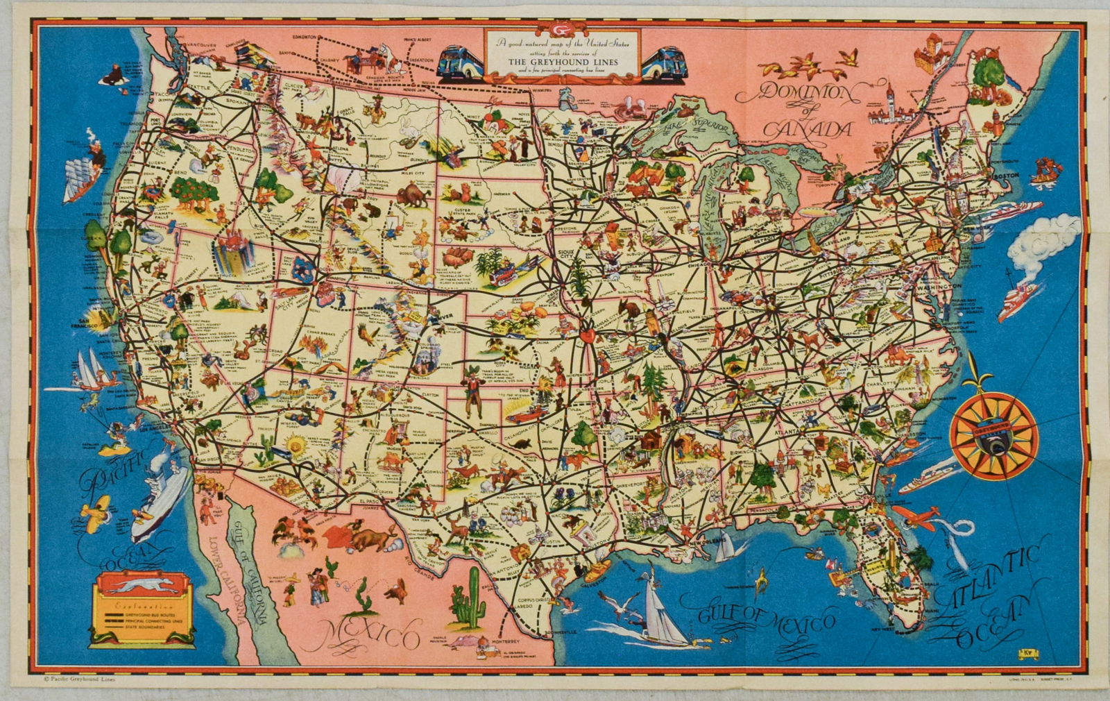 1934 Greyhound Pictorial Map of the US -- A Good Natured Map of the United States Setting Forth the: Title:1934 Greyhound Pictorial Map of the US -- A Good Natured Map of the United States Setting Forth the Services of the Greyhound Lines…,li>Cartographer:Pacific Greyhound Lines Year/Place:1934 Map