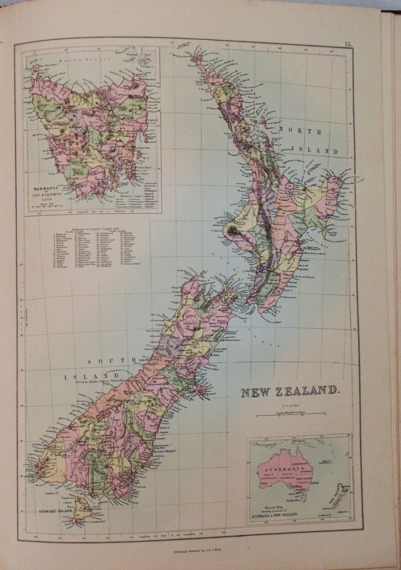 1892 Black Map of New Zealand and [on Separate Sheet] Pacific Ocean (1 of 2)