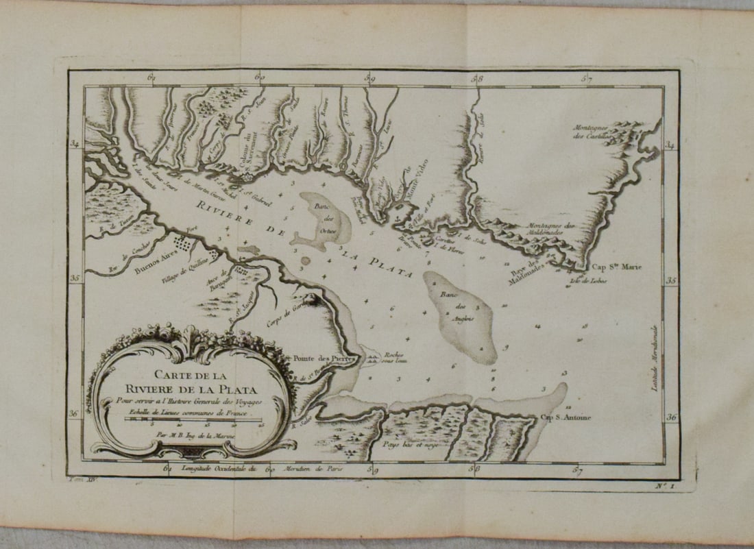 1764 Bellin Map of the Rio de la Plata Mouth -- Carte de la Riviere de la Plata, pour Servir a: Title:1764 Bellin Map of the Rio de la Plata Mouth -- Carte de la Riviere de la Plata, pour Servir a l'Histoire Generale des Voyages,li>Cartographer:J Bellin Year/Place:1764 c., Paris Map Dimension(in