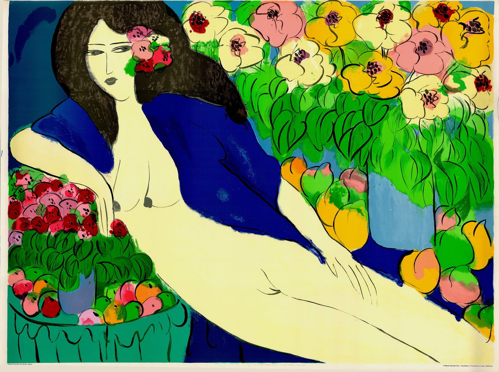 Walasse Ting - Reclining Figure with Flowers - 1978 Serigraph 47" x 63": Title: Walasse Ting - Reclining Figure with Flowers - 1978 Serigraph 47" x 63" Artist: Walasse Ting Additional Information: Reclining Figure with Flowers Description: "Reclining Figure with Flowers" b