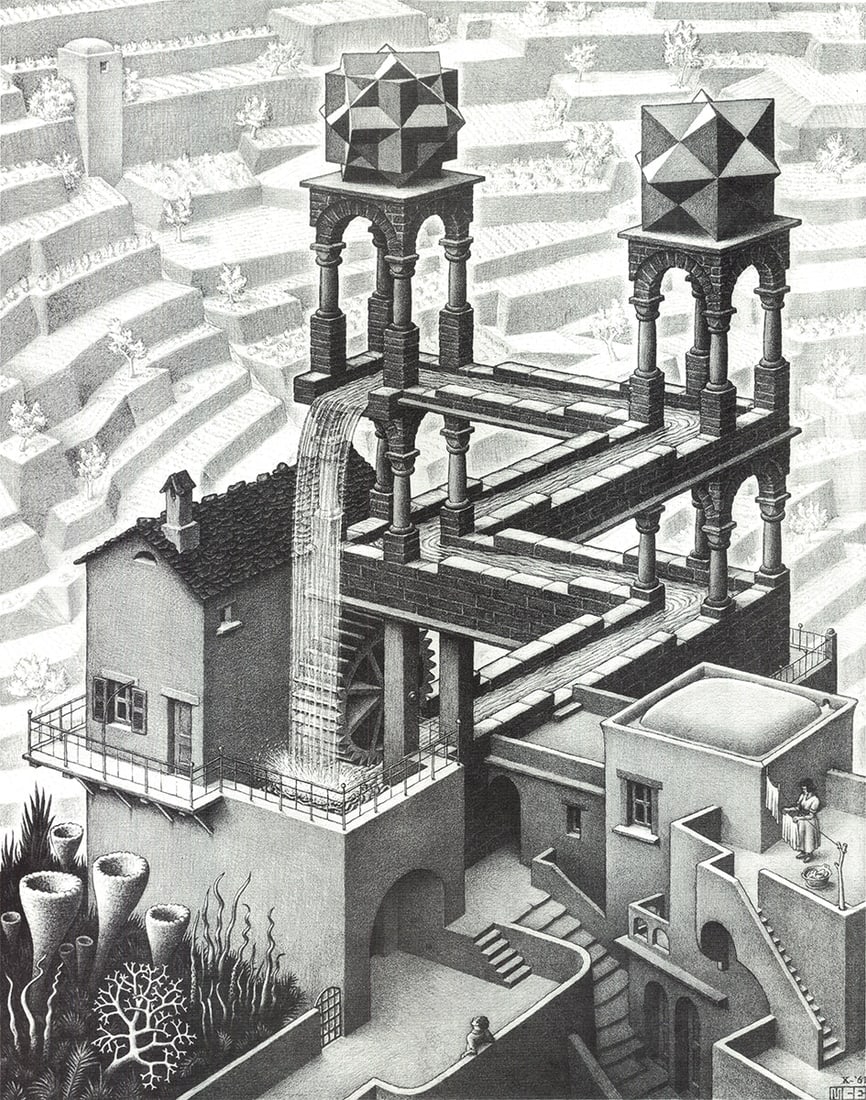 M.C. Escher - Waterfall - Offset Lithograph 25.75" x 21.75" - 2