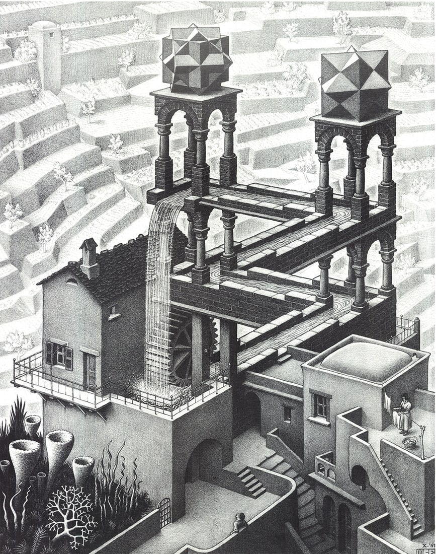 M.C. Escher - Waterfall (Small) - Offset Lithograph 22.75" x 18.5" - 2