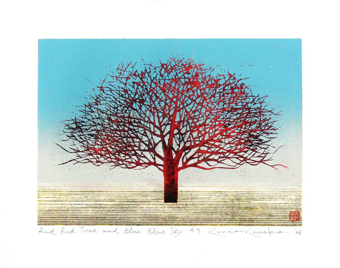 Kunio Kaneko (B. - 1948): Red Red Tree And Blue Blue Sky: ARTIST/TITLE:Kunio Kaneko (B. - 1948): Red Red Tree And Blue Blue SkyDate:2006MEDIUM:Woodblock PrintEDITION:A.P. (Artist Proof)SIZE:The print image measures 5 1/4 X 7 3/8 inches plus