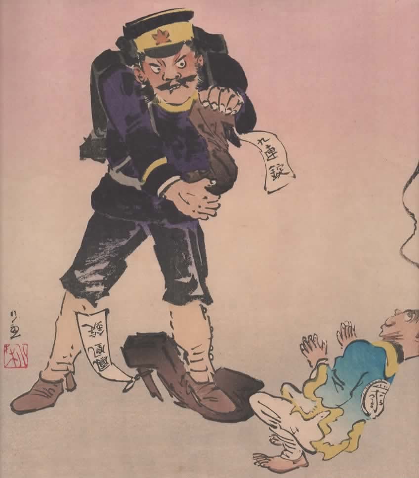 Kiyochika Kobayashi (1847-1915): Burning Desire Of Japanese Soldier: ARTIST/TITLE:Kiyochika Kobayashi (1847-1915): Burning Desire Of Japanese SoldierDate:1894MEDIUM:Woodblock PrintSIZE:The print measures 9 X 9 3/4 inchesCONDITION:The aged print is in excellent