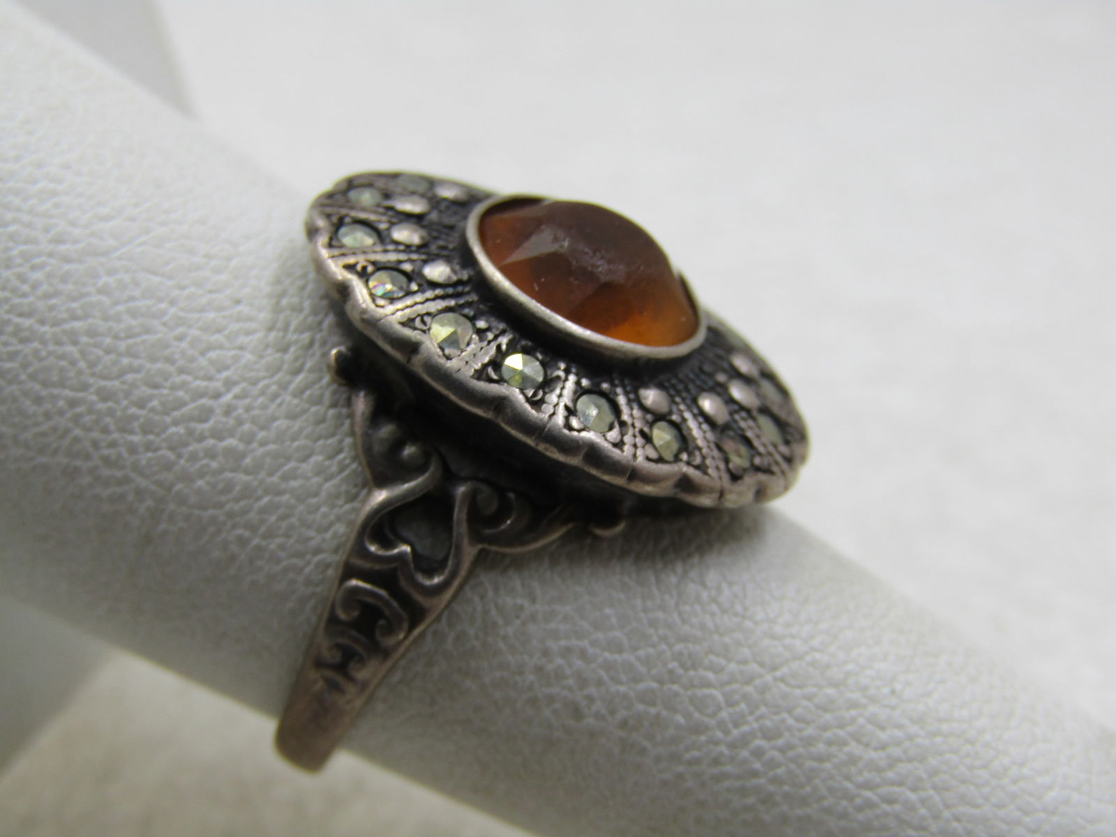 Vintage Sterling Marcasite Yellow Stone Ring, Sz. 7.5, Signed Uncas, Mid-Century - 2