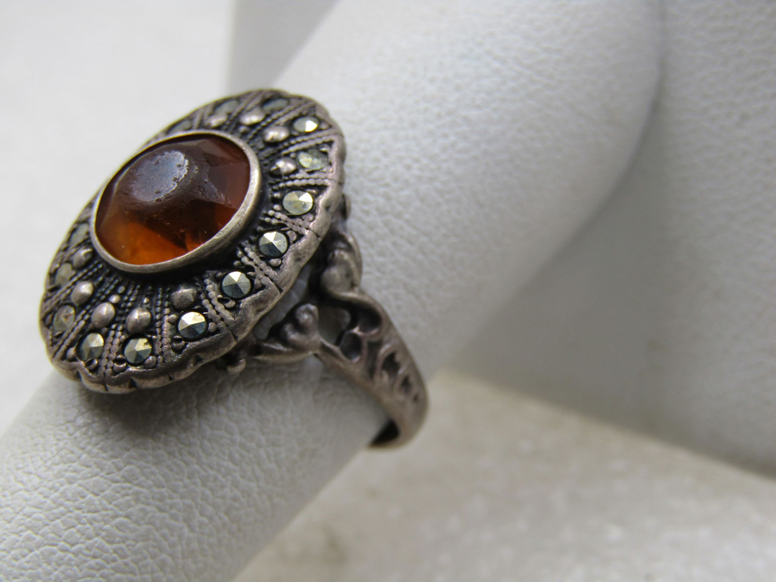 Vintage Sterling Marcasite Yellow Stone Ring, Sz. 7.5, Signed Uncas, Mid-Century - 3