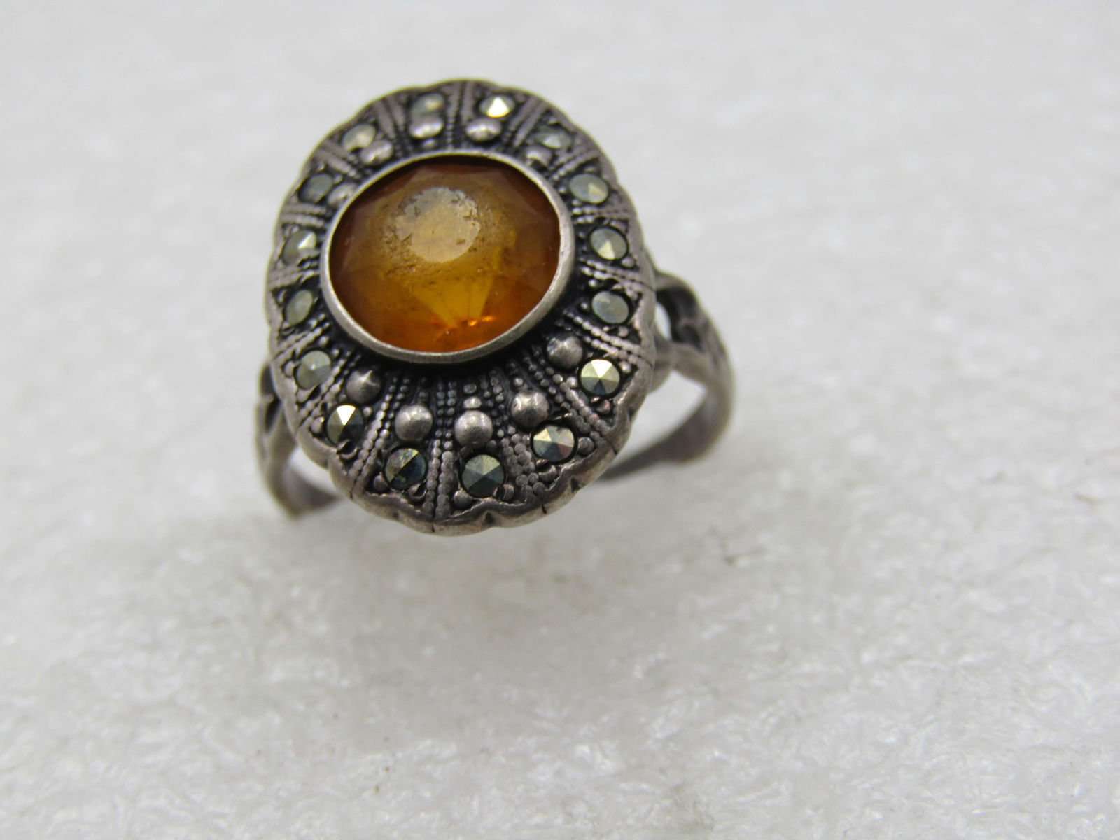 Vintage Sterling Marcasite Yellow Stone Ring, Sz. 7.5, Signed Uncas, Mid-Century - 4