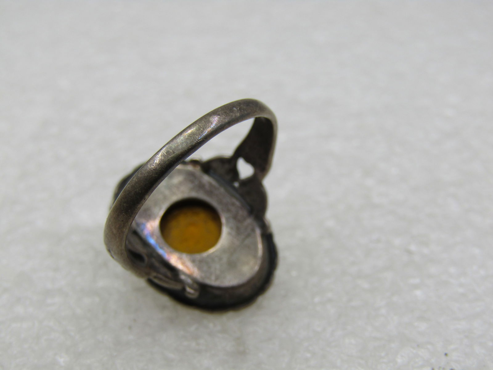 Vintage Sterling Marcasite Yellow Stone Ring, Sz. 7.5, Signed Uncas, Mid-Century - 5