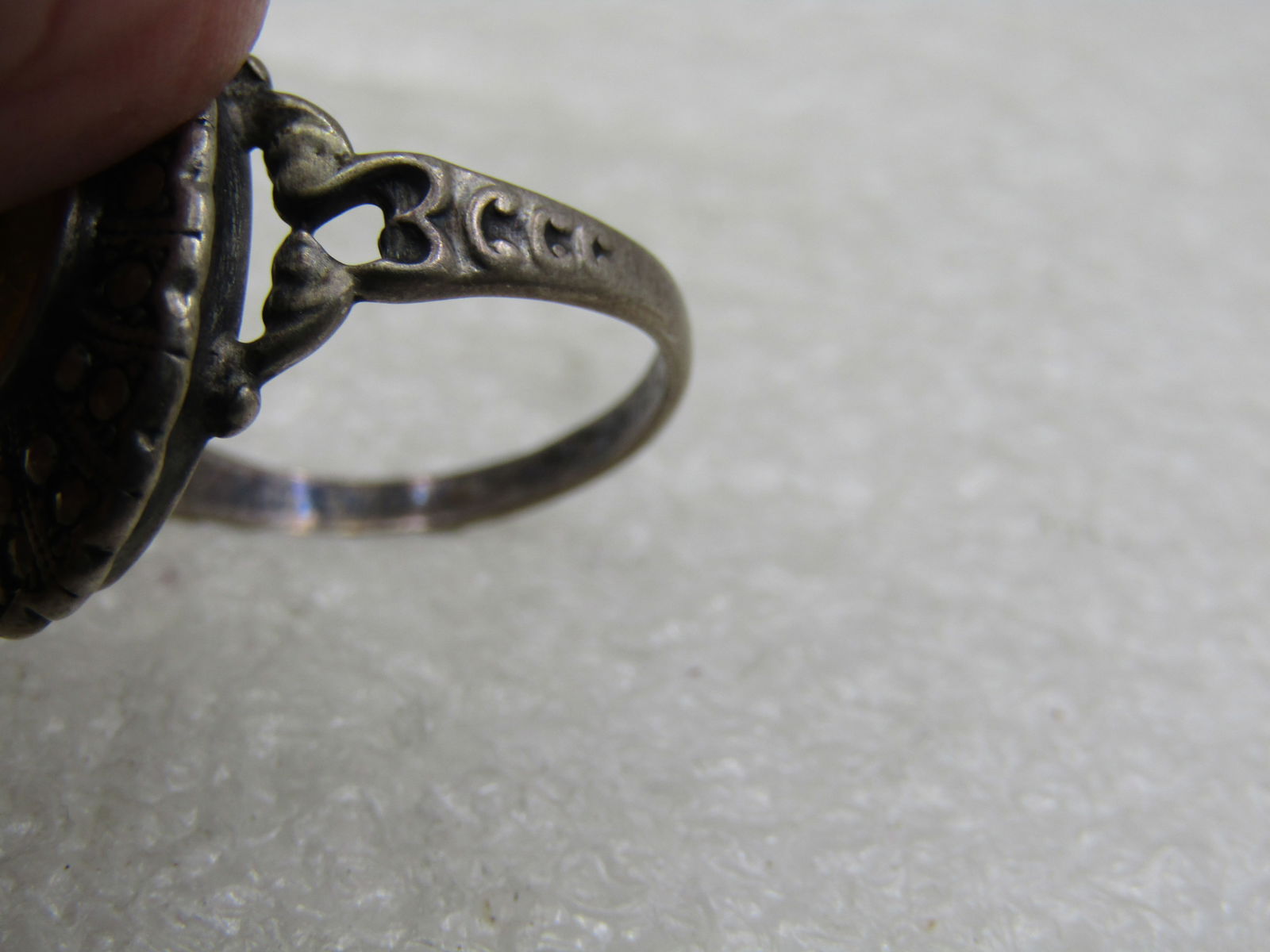 Vintage Sterling Marcasite Yellow Stone Ring, Sz. 7.5, Signed Uncas, Mid-Century - 6