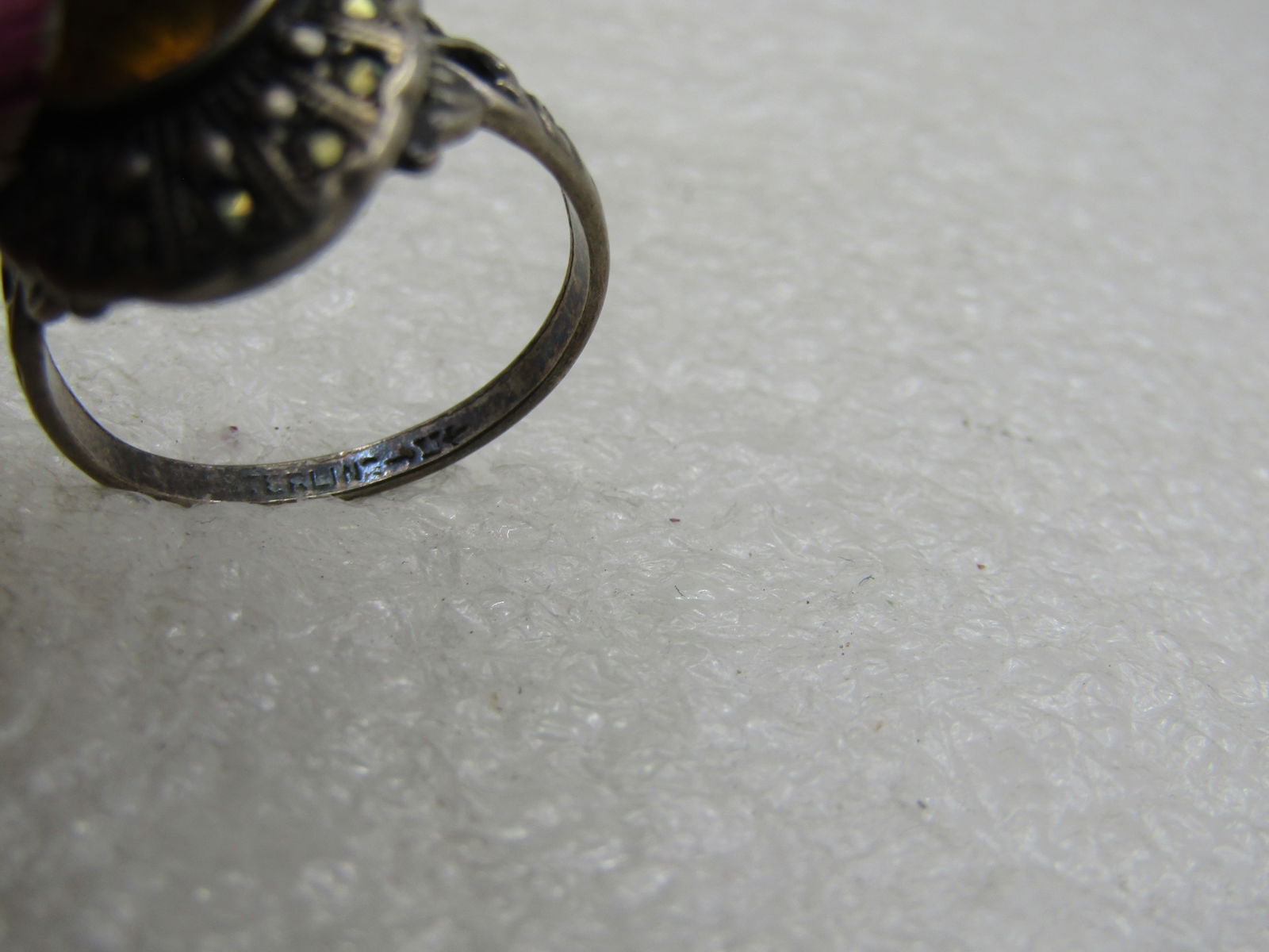 Vintage Sterling Marcasite Yellow Stone Ring, Sz. 7.5, Signed Uncas, Mid-Century - 7