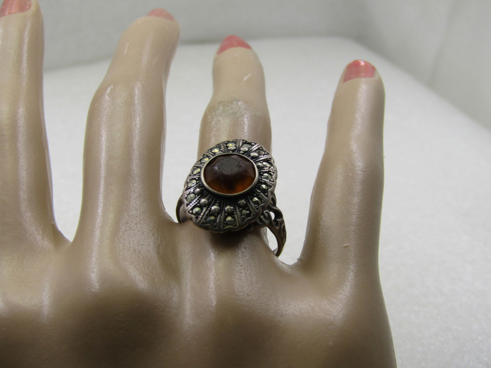 Vintage Sterling Marcasite Yellow Stone Ring, Sz. 7.5, Signed Uncas, Mid-Century - 8