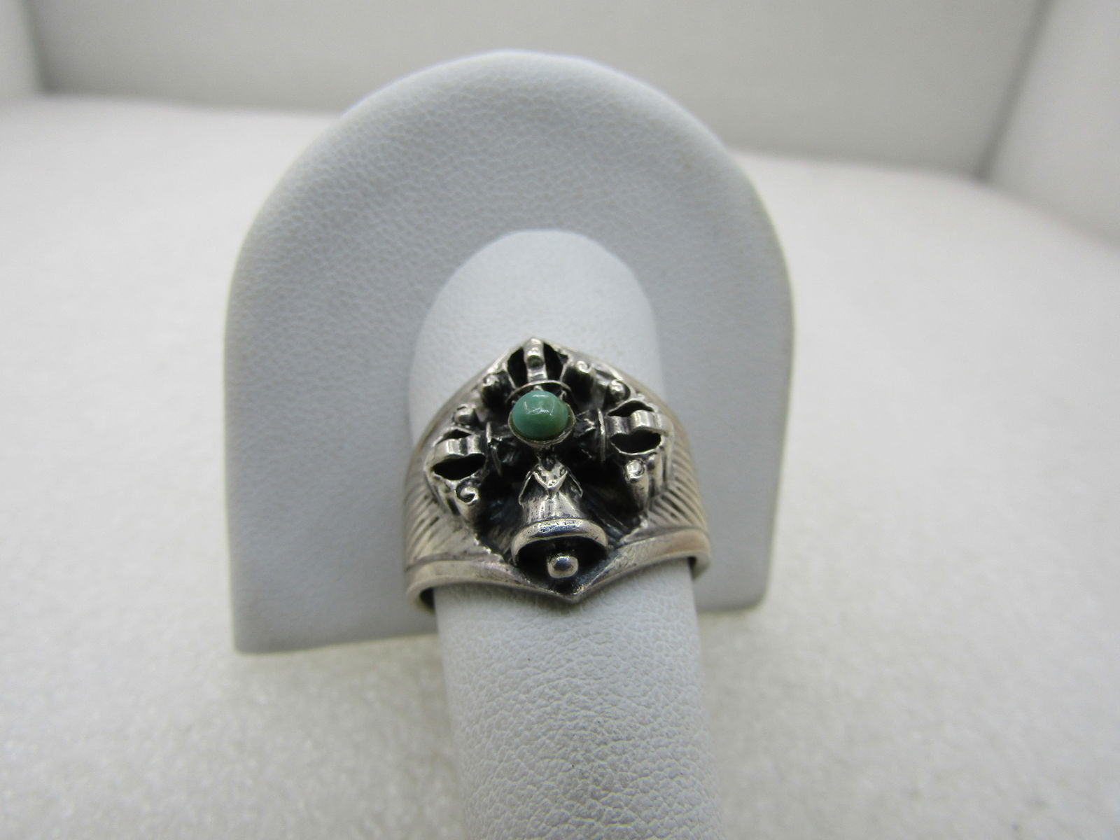 Vintage Sterling Bell Cross Turquoise Ring, Sz. 10.5, Unisex Cigar Band - 2