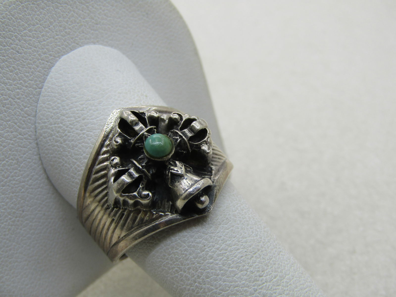 Vintage Sterling Bell Cross Turquoise Ring, Sz. 10.5, Unisex Cigar Band - 3