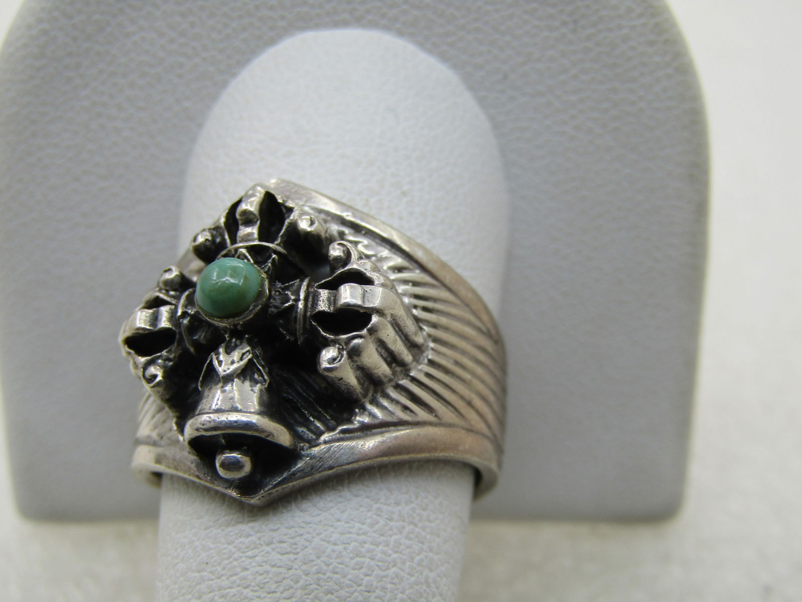 Vintage Sterling Bell Cross Turquoise Ring, Sz. 10.5, Unisex Cigar Band - 4