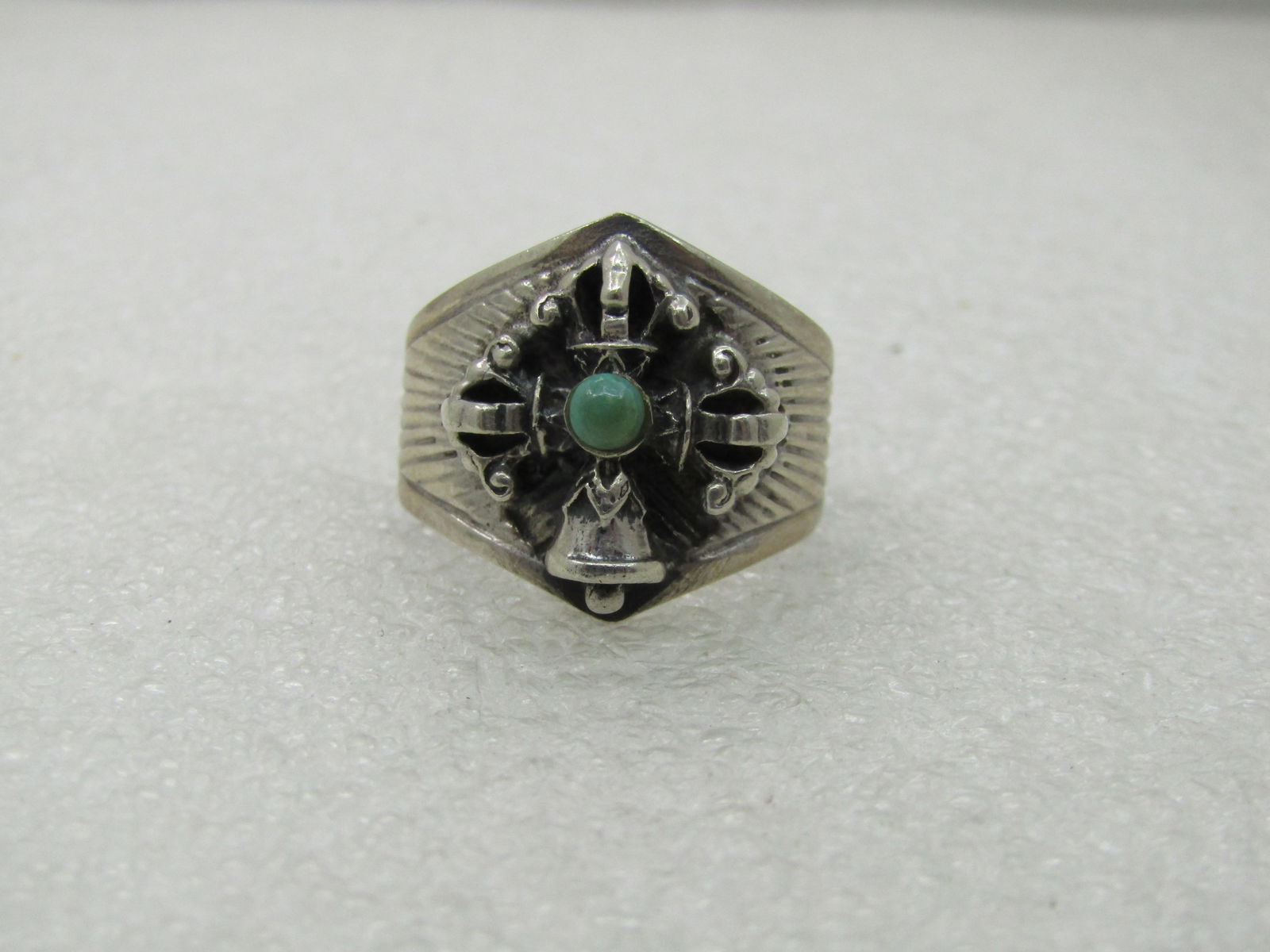 Vintage Sterling Bell Cross Turquoise Ring, Sz. 10.5, Unisex Cigar Band - 5