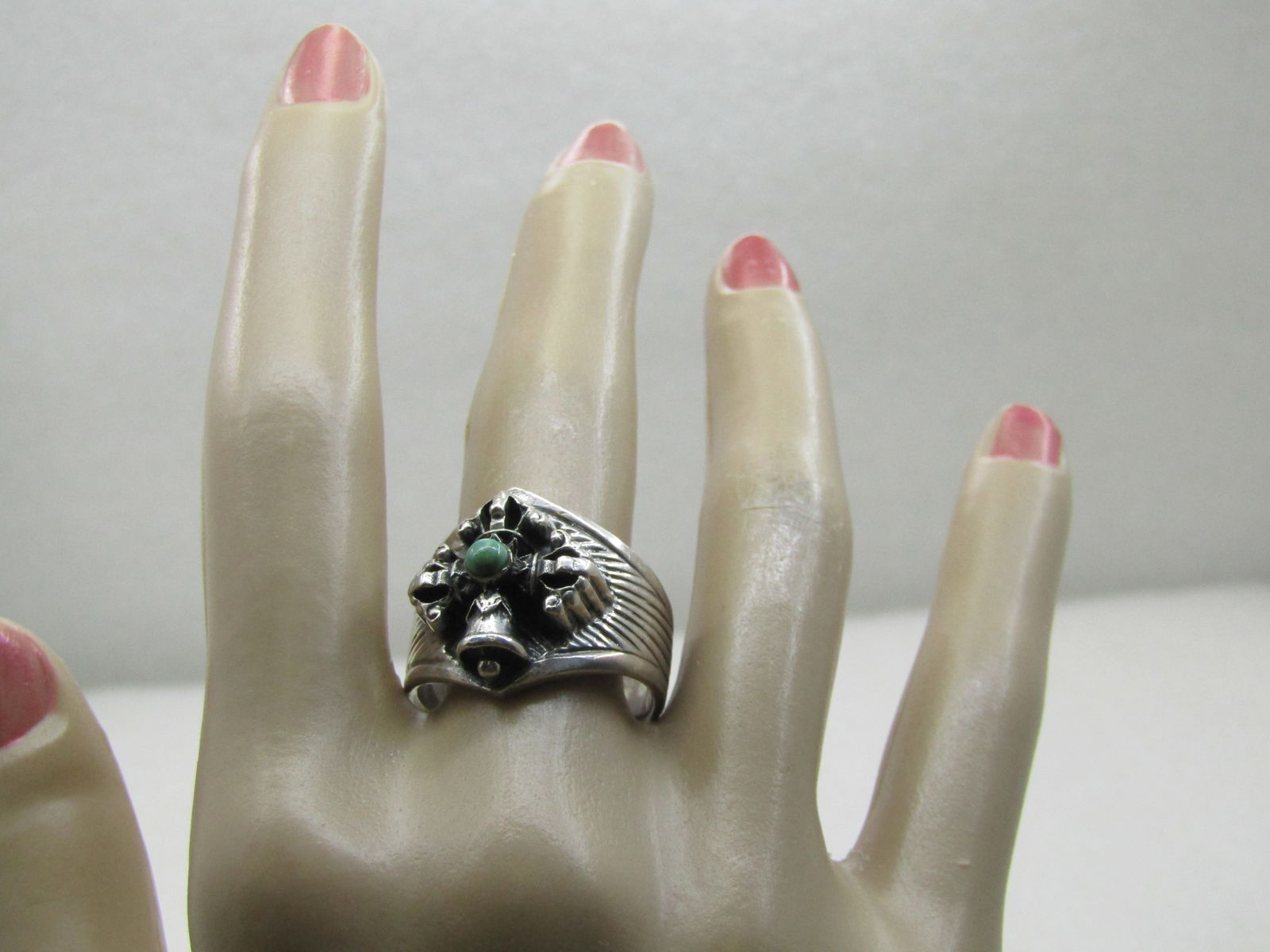 Vintage Sterling Bell Cross Turquoise Ring, Sz. 10.5, Unisex Cigar Band - 8