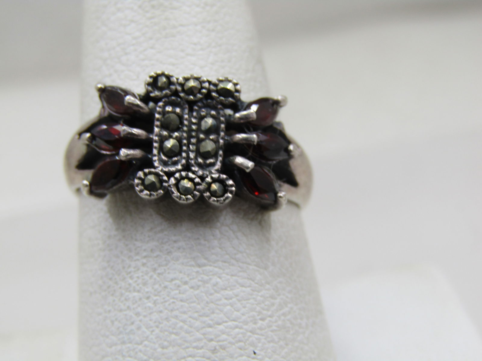 Vintage Sterling Garnet Marcasite Ring, Sz. 9, 1980's (1 of 8)