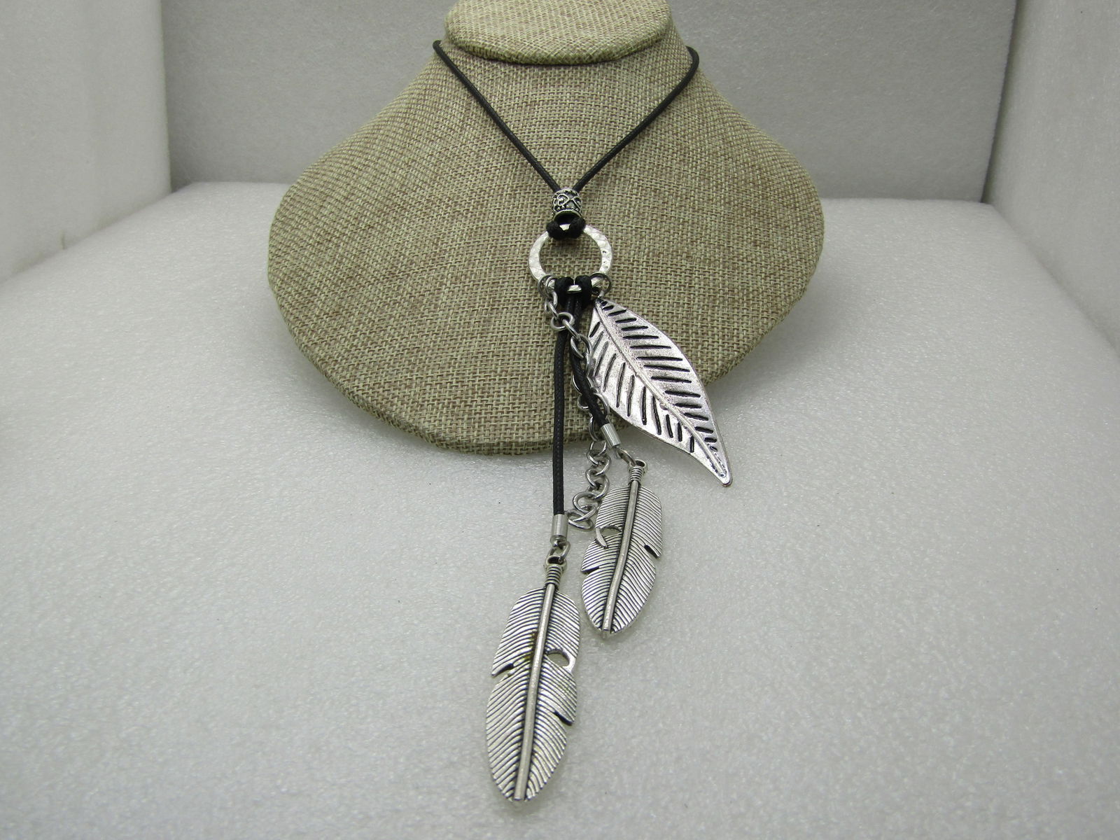 Silver Tone Dangling Feather Necklace, 26", Black Round Cord NL - 2