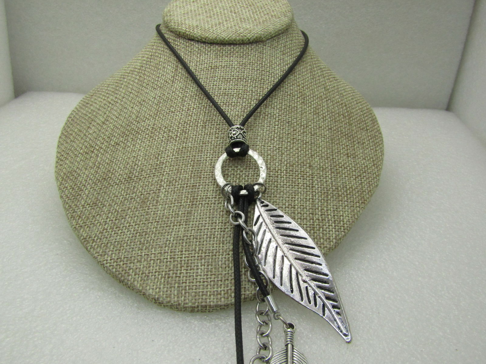 Silver Tone Dangling Feather Necklace, 26", Black Round Cord NL - 3