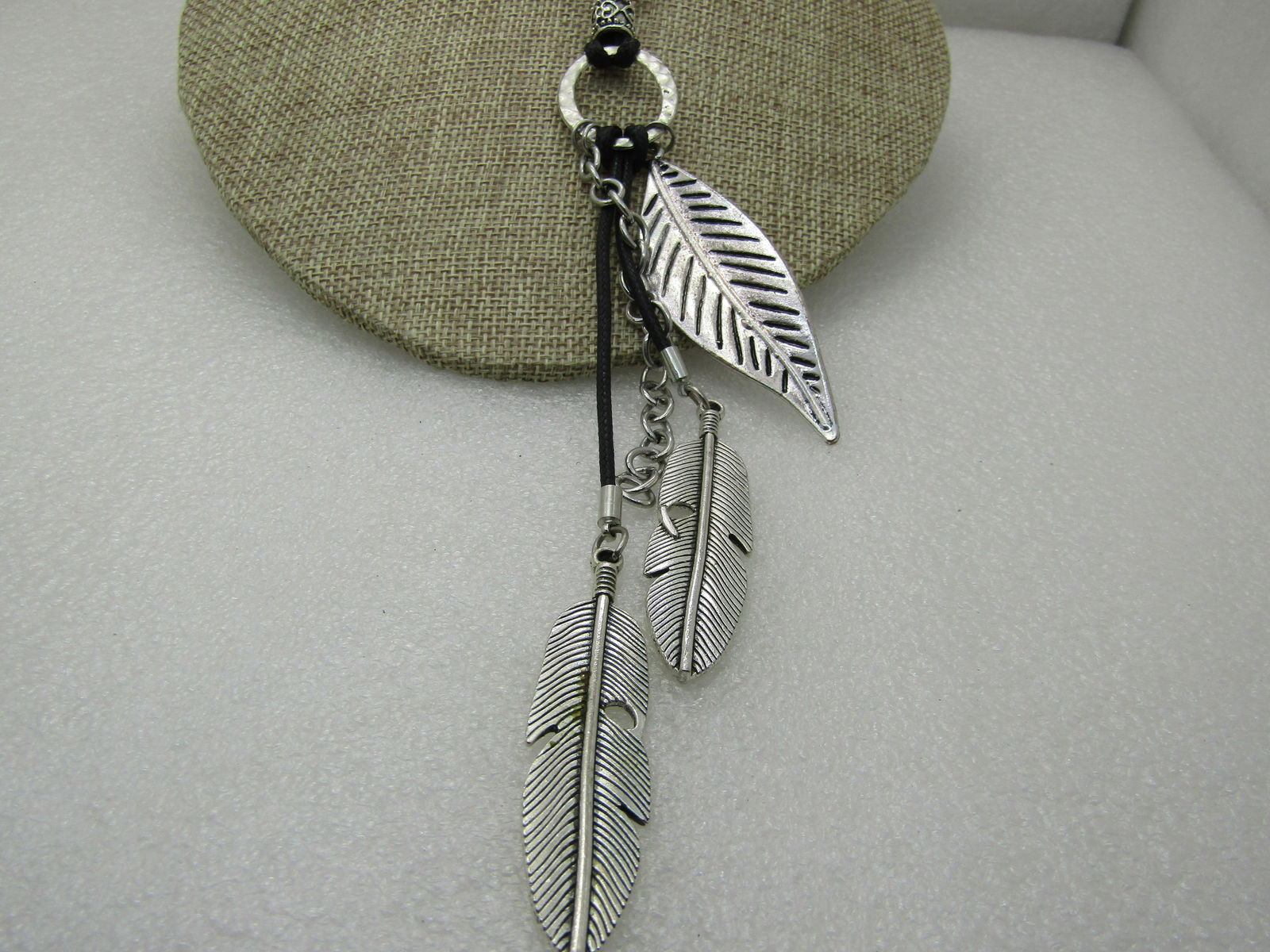 Silver Tone Dangling Feather Necklace, 26", Black Round Cord NL - 4