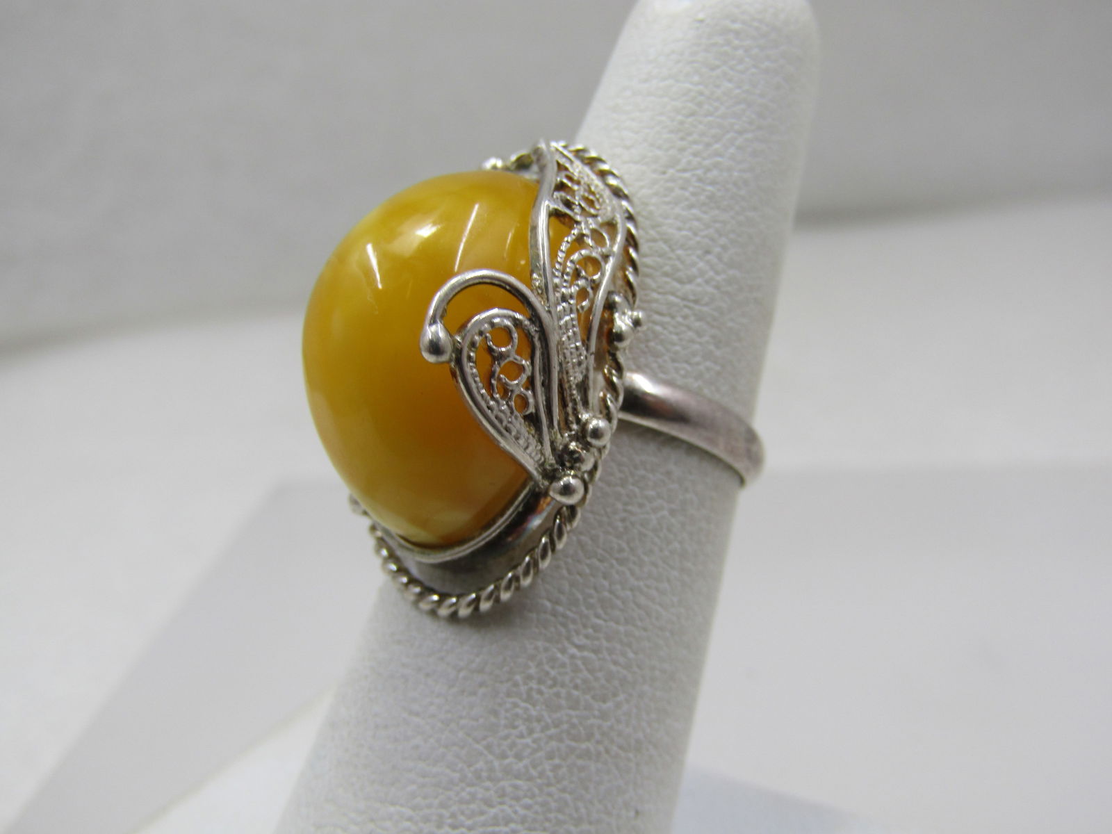 Sterling High Yellow Stone Ring, Filigree, Sz. 6.5 - 2