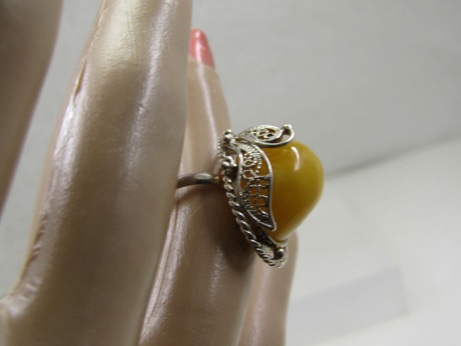 Sterling High Yellow Stone Ring, Filigree, Sz. 6.5 - 6