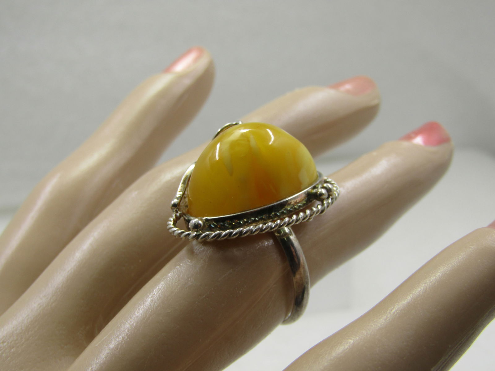 Sterling High Yellow Stone Ring, Filigree, Sz. 6.5 - 7