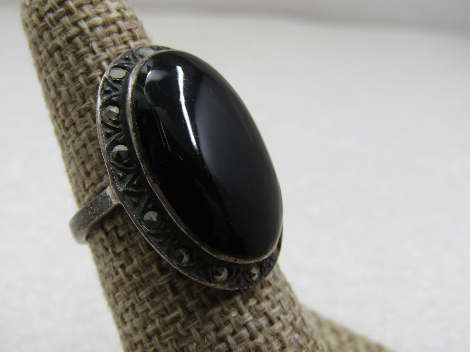 Vintage Sterling Oval Onyx Marcasite Ring, Sz. 7, 1970's-1980's - 2