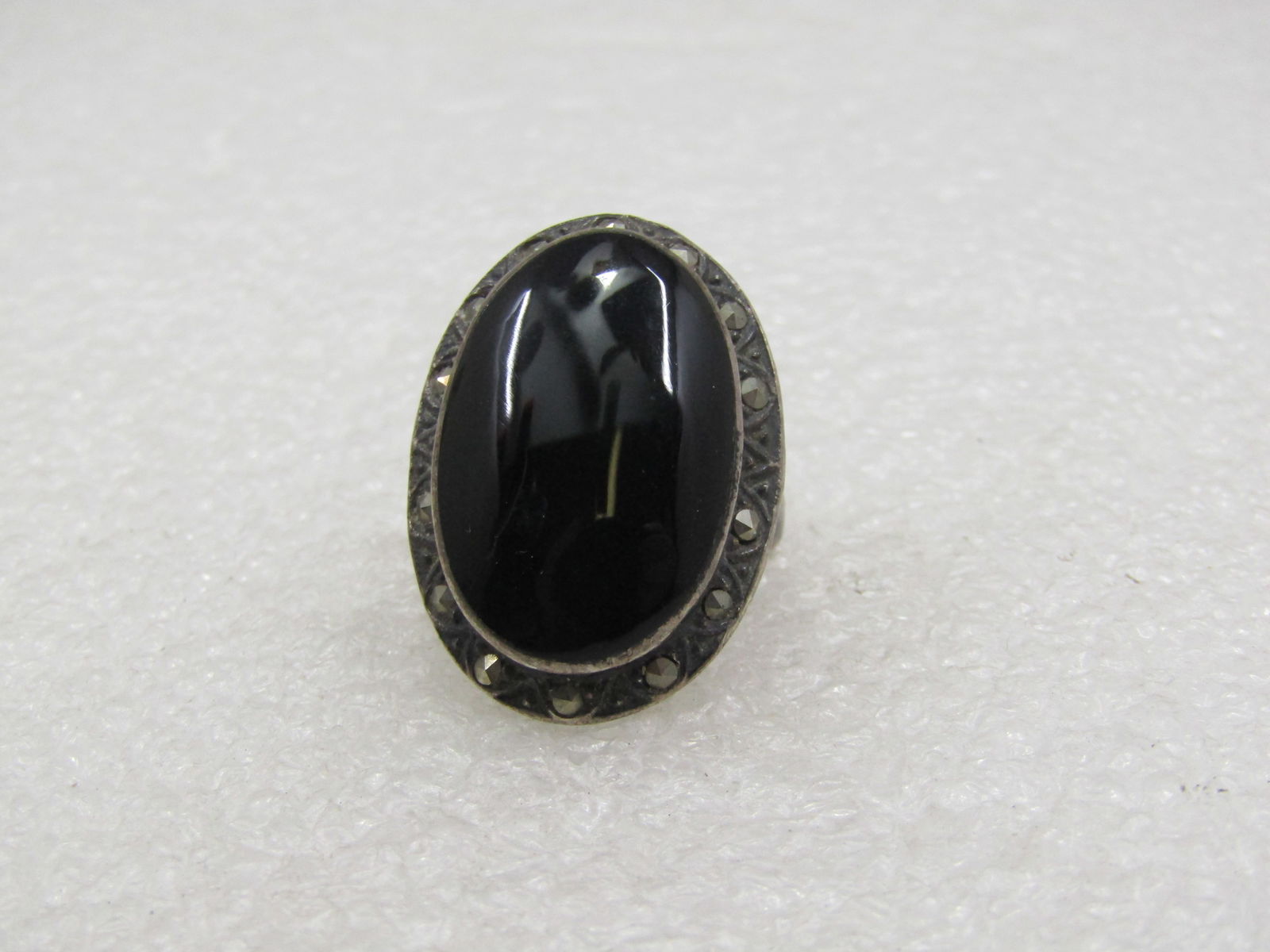 Vintage Sterling Oval Onyx Marcasite Ring, Sz. 7, 1970's-1980's - 5