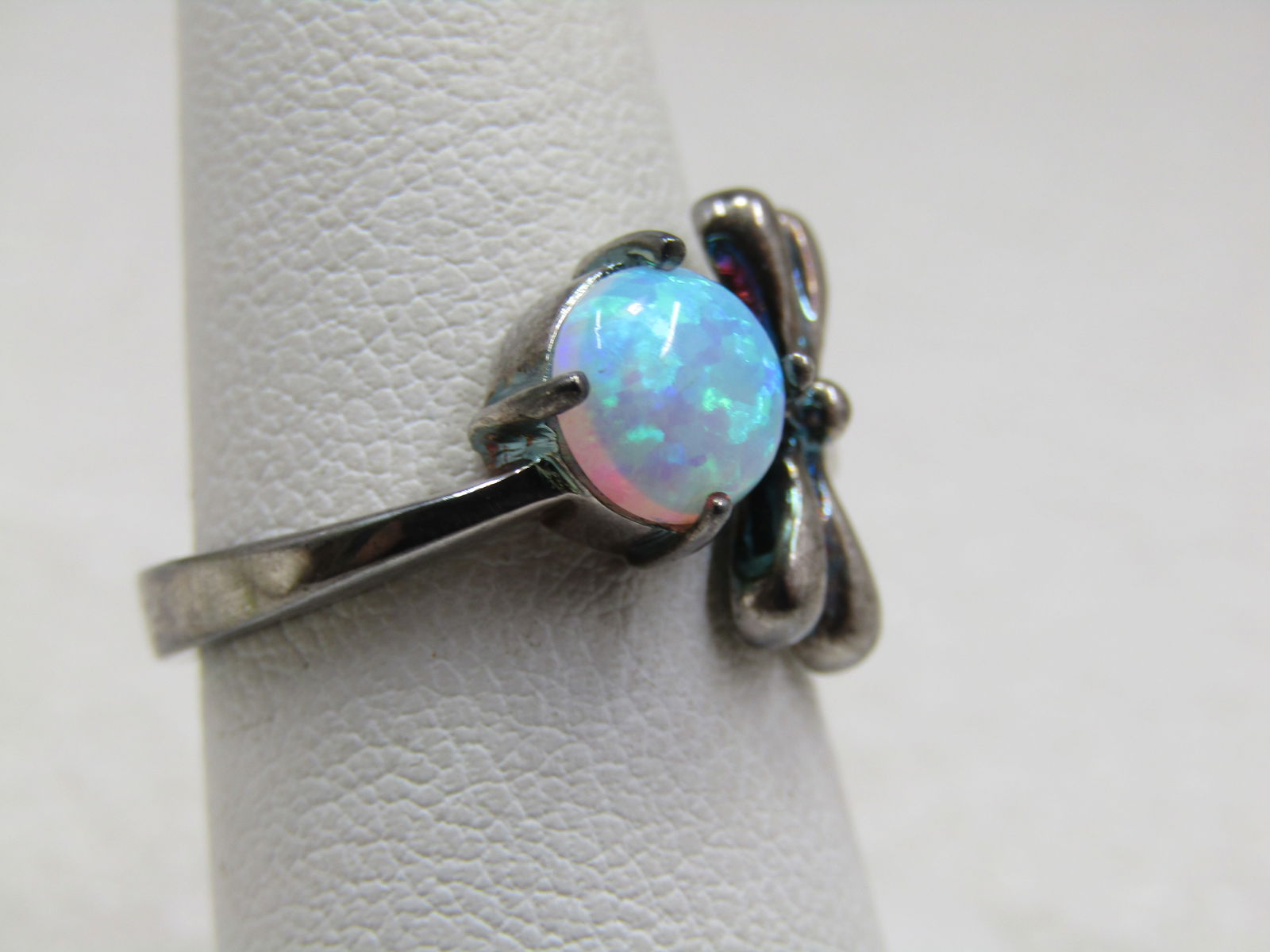 Silver Created Opal Dragonfly Ring. Size 7, marked .925 - 3