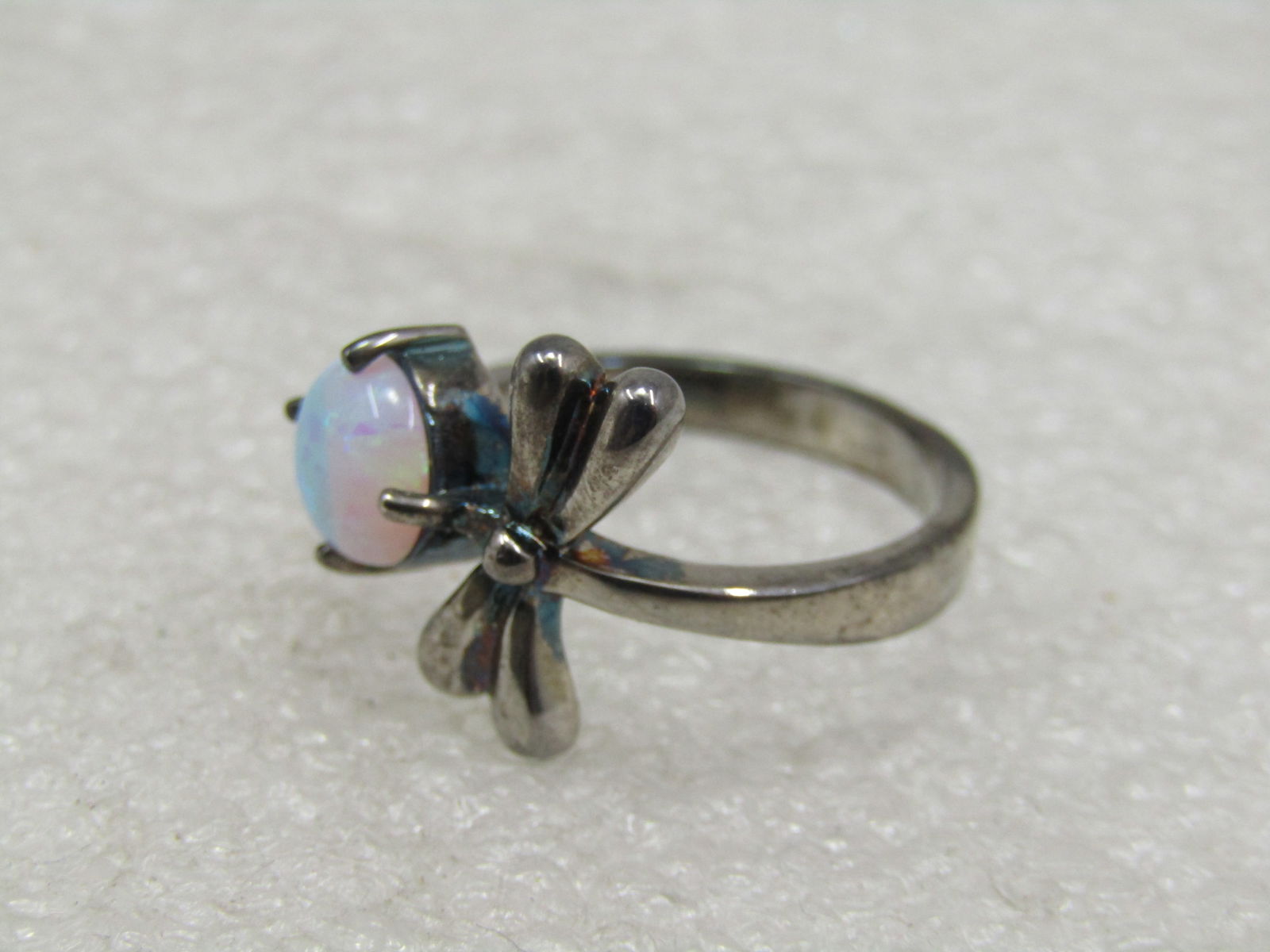 Silver Created Opal Dragonfly Ring. Size 7, marked .925 - 6