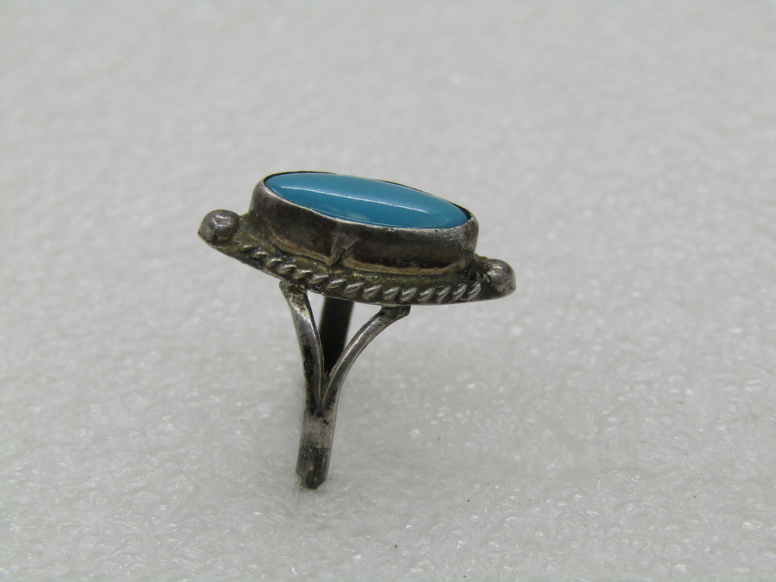 Vintage Sterling Southwestern Turquoise Ring, Sz. 5, Cateye Shaped - 4