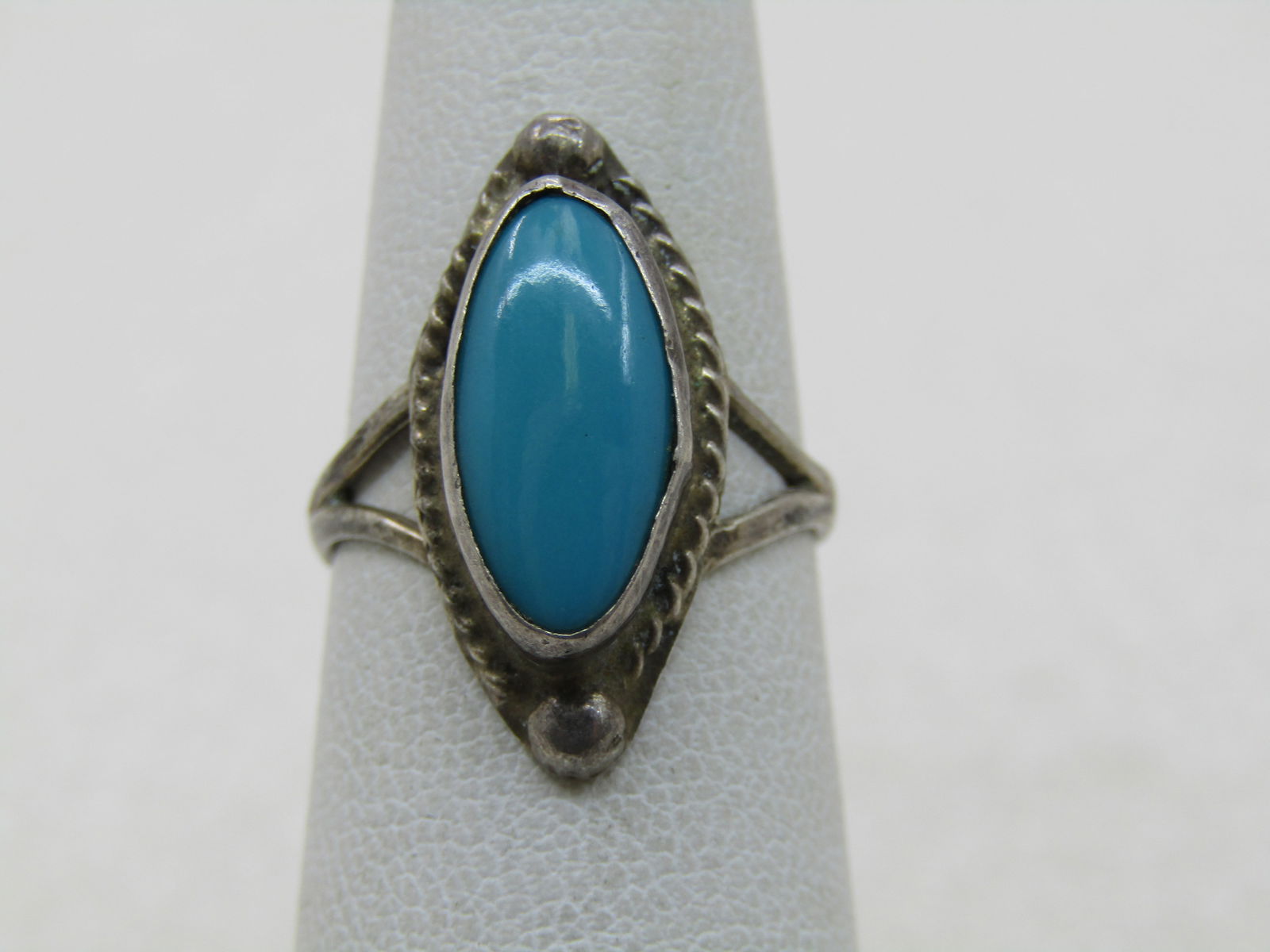 Vintage Sterling Southwestern Turquoise Ring, Sz. 5, Cateye Shaped - 5