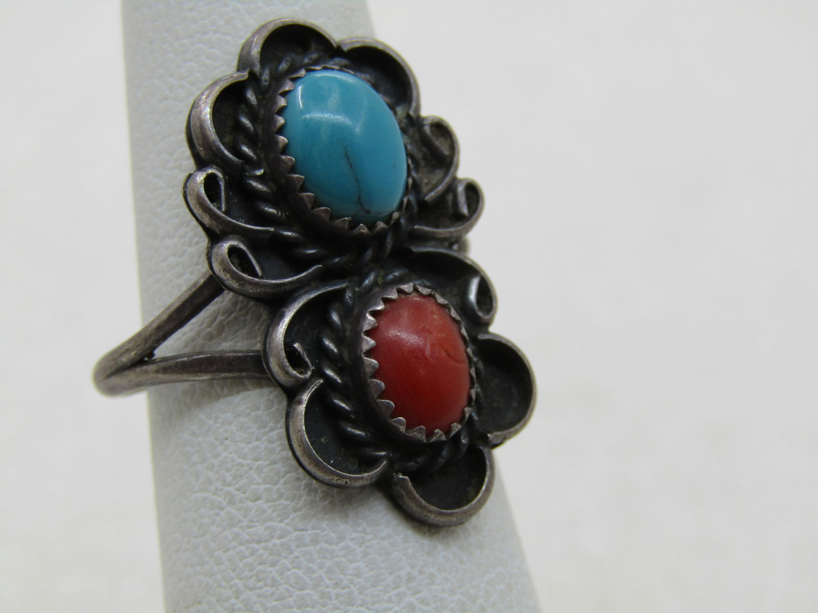 Vintage Sterling Southwestern Turquoise Coral Ring, Sz. 6.75, 1970's - 2