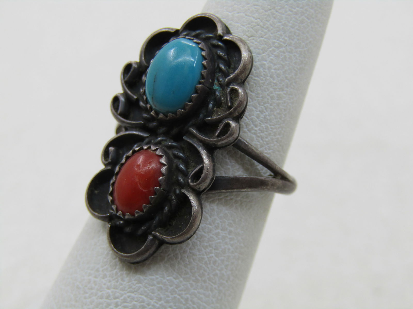 Vintage Sterling Southwestern Turquoise Coral Ring, Sz. 6.75, 1970's - 3