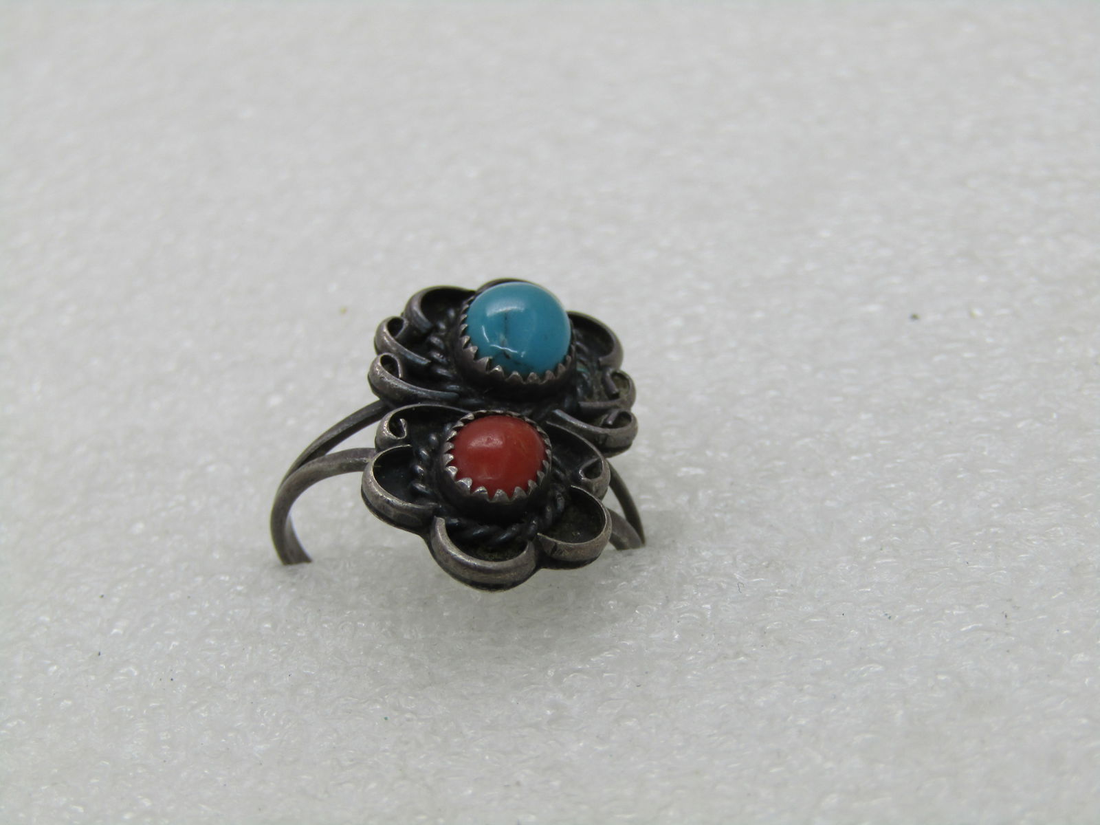 Vintage Sterling Southwestern Turquoise Coral Ring, Sz. 6.75, 1970's - 6