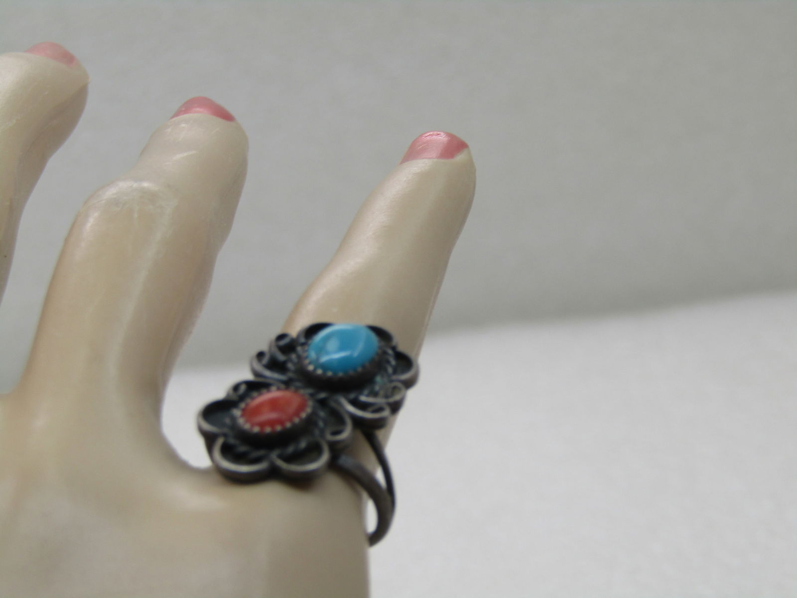 Vintage Sterling Southwestern Turquoise Coral Ring, Sz. 6.75, 1970's - 7