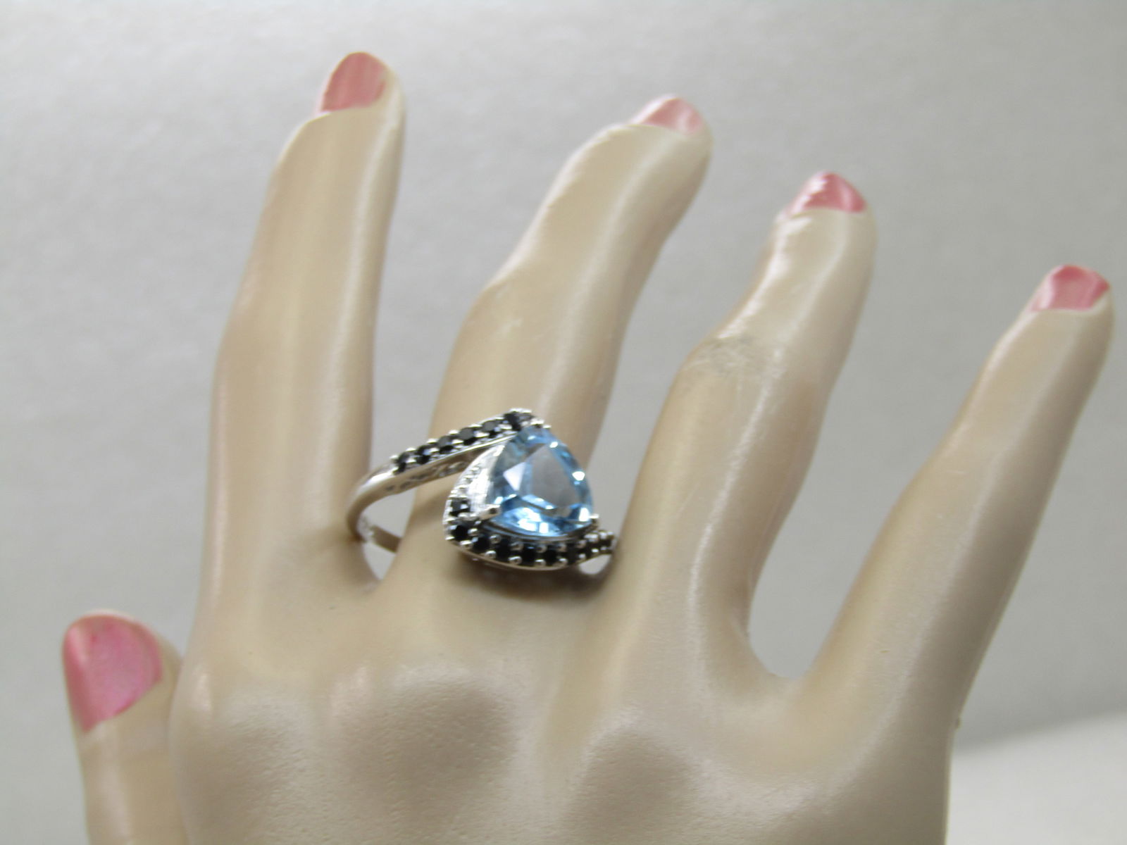 Sterling Silver Lab Topaz Triangular Ring, Sz. 10.5, Black Rhinestone Bypass - 11